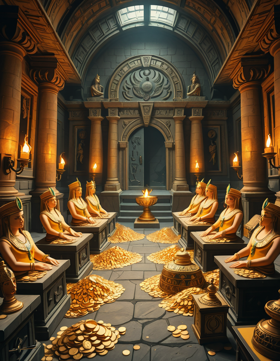 A hidden treasure chamber deep within an ancient temple, illuminated by the warm golden glow of torches and mystical blue light from enchanted crystals. The room is filled with piles of gold coins, jewel-encrusted goblets, and ancient artifacts covered in dust. Massive stone statues of forgotten deities guard the chamber, their eyes glowing faintly as if watching intruders. In the center, a grand pedestal holds a legendary artifactâan ornate golden crown encrusted with emeralds and sapphires, shimmering with an otherworldly aura. The walls are adorned with intricate carvings depicting lost civilizations, and creeping vines hint at centuries of abandonment. The atmosphere is mystical and slightly eerie, with a sense of both wonder and danger. The air is thick with the scent of aged parchment and burning incense, adding to the chamberâs ancient and mysterious feel. Cinematic lighting with dramatic shadows enhances the depth and richness of the scene, creating a visually stunning and immersive environment.
<lora:SDXLFaeTastic2400:0.4> <lora:extremely_detailed:0.4> extremely detailed,treasure ch4mb3r, <lora:treasure_ch4mb3r-i:1>, Masterpiece,best quality,hi res,8k,hi res,8k,award winning,(sharp focus, intricate, highly detailed),