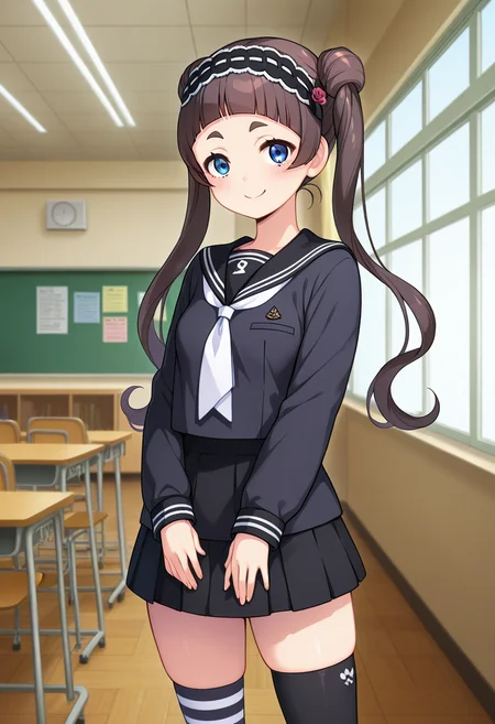 masterpiece, best quality, amazing quality, absurdres, 1girl, solo, cowboy shot, saayaww, blue eyes, brown hair, long hair, twintails, double bun, blunt bangs, thick eyebrows, small breasts, black frilled hairband, school uniform, black serafuku, black sailor collar, white neckerchief, black shirt, long sleeves, black pleated skirt, asymmetrical legwear, striped socks, black thighhighs, looking at viewer, smile, indoors, day, skindentation, detailed clothing folds, depth of field, sharp, high contrast, dynamic light <lora:Kurotsuki_Saaya_Shinsou_Noise_ill:0.8>