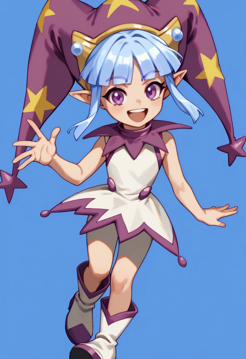score_9, score_8_up, score_7_up BREAK CleoPB4, 1girl, light blue bob cut, blunt bangs, purple eyes, purple yellow jester hat, purple collar, sleeveless white dress, purple hemline, white purple boots, smiling at viewer,