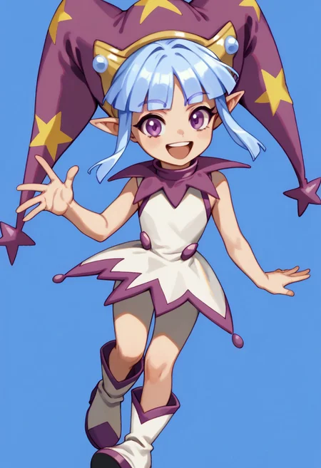 score_9, score_8_up, score_7_up BREAK CleoPB4, 1girl, light blue bob cut, blunt bangs, purple eyes, purple yellow jester hat, purple collar, sleeveless white dress, purple hemline, white purple boots, smiling at viewer,