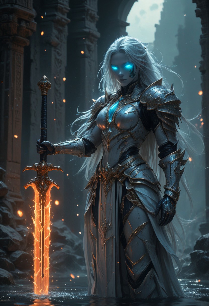"Create a hyper-realistic depiction of a powerful, mysterious warrior infused with cosmic energy, set against an ancient, moonlit temple. The character embodies a seamless blend of elegance and strength, wearing a sleek, form-fitting suit with intricate metallic accents and glowing cyan and orange veins, mirroring a fiery core of energy encased in a futuristic orb. Her mask partially conceals her identity, with striking, piercing eyes that radiate confidence and intrigue. The environment reflects the mystical aura, featuring a serene pool reflecting the full moon, ancient ruins, and glowing lanterns, while incorporating elements of molten lava and fiery tendrils spreading across the scene, blending technology with nature. The orb’s influence is visible, creating cracks of molten energy along her armor and the ground beneath her. The scene is rendered with cinematic lighting, capturing subtle details in texture, reflections on water, and a balance between the cool moonlight and the fiery warmth of the orb. The atmosphere is charged with mystery and power, emphasizing the fusion of human and elemental forces."