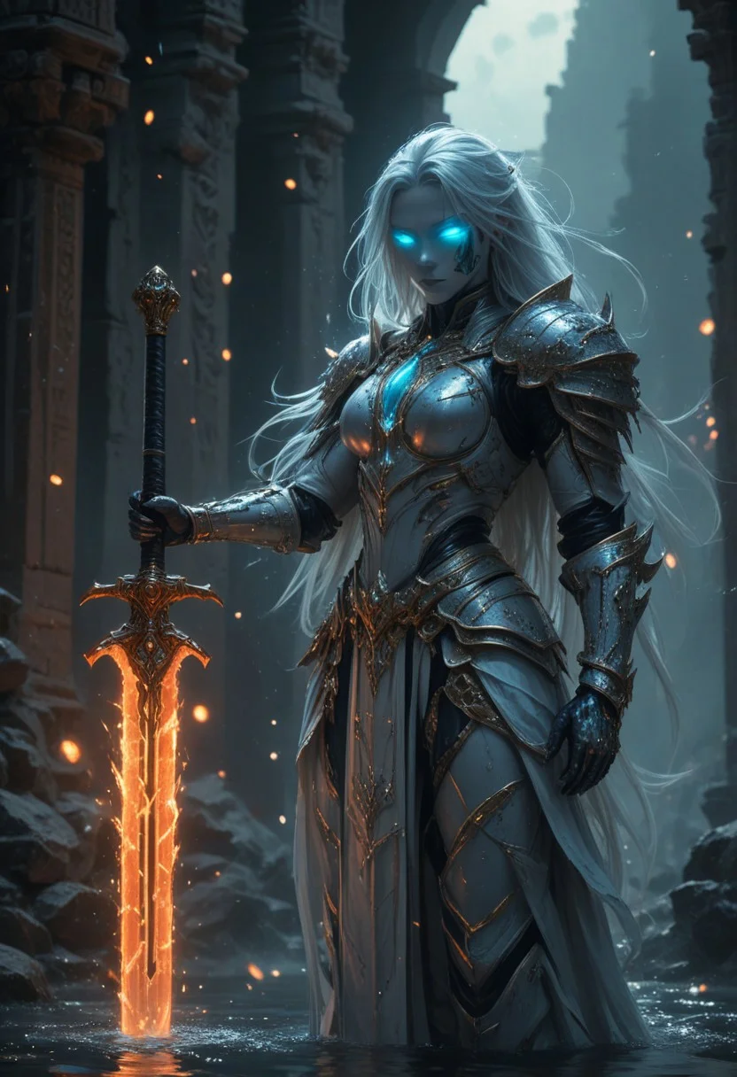 "Create a hyper-realistic depiction of a powerful, mysterious warrior infused with cosmic energy, set against an ancient, moonlit temple. The character embodies a seamless blend of elegance and strength, wearing a sleek, form-fitting suit with intricate metallic accents and glowing cyan and orange veins, mirroring a fiery core of energy encased in a futuristic orb. Her mask partially conceals her identity, with striking, piercing eyes that radiate confidence and intrigue. The environment reflects the mystical aura, featuring a serene pool reflecting the full moon, ancient ruins, and glowing lanterns, while incorporating elements of molten lava and fiery tendrils spreading across the scene, blending technology with nature. The orbโs influence is visible, creating cracks of molten energy along her armor and the ground beneath her. The scene is rendered with cinematic lighting, capturing subtle details in texture, reflections on water, and a balance between the cool moonlight and the fiery warmth of the orb. The atmosphere is charged with mystery and power, emphasizing the fusion of human and elemental forces."
