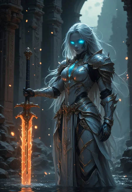 "Create a hyper-realistic depiction of a powerful, mysterious warrior infused with cosmic energy, set against an ancient, moonlit temple. The character embodies a seamless blend of elegance and strength, wearing a sleek, form-fitting suit with intricate metallic accents and glowing cyan and orange veins, mirroring a fiery core of energy encased in a futuristic orb. Her mask partially conceals her identity, with striking, piercing eyes that radiate confidence and intrigue. The environment reflects the mystical aura, featuring a serene pool reflecting the full moon, ancient ruins, and glowing lanterns, while incorporating elements of molten lava and fiery tendrils spreading across the scene, blending technology with nature. The orb’s influence is visible, creating cracks of molten energy along her armor and the ground beneath her. The scene is rendered with cinematic lighting, capturing subtle details in texture, reflections on water, and a balance between the cool moonlight and the fiery warmth of the orb. The atmosphere is charged with mystery and power, emphasizing the fusion of human and elemental forces."