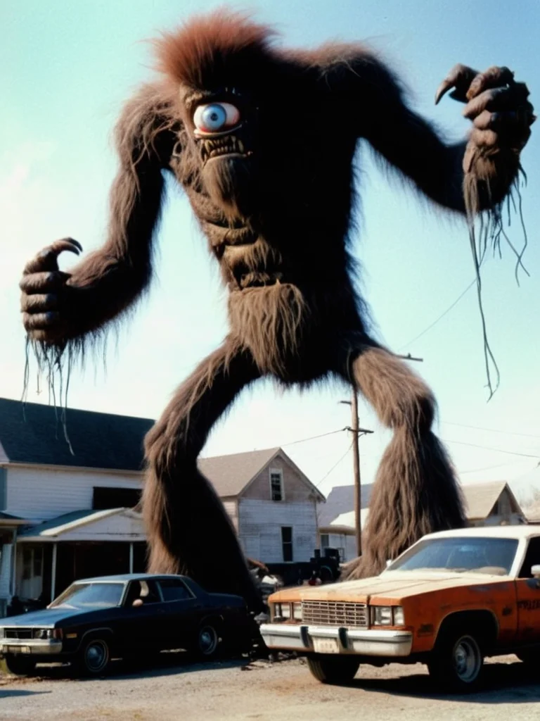 1980s horror film still, (full body, long shot) a mechanical monster made of machines and made of wires (((ripping a car in half))), in a small American town, film grain, grainy, VHS, (monster make-up), cyclops <lora:cyclops:1>