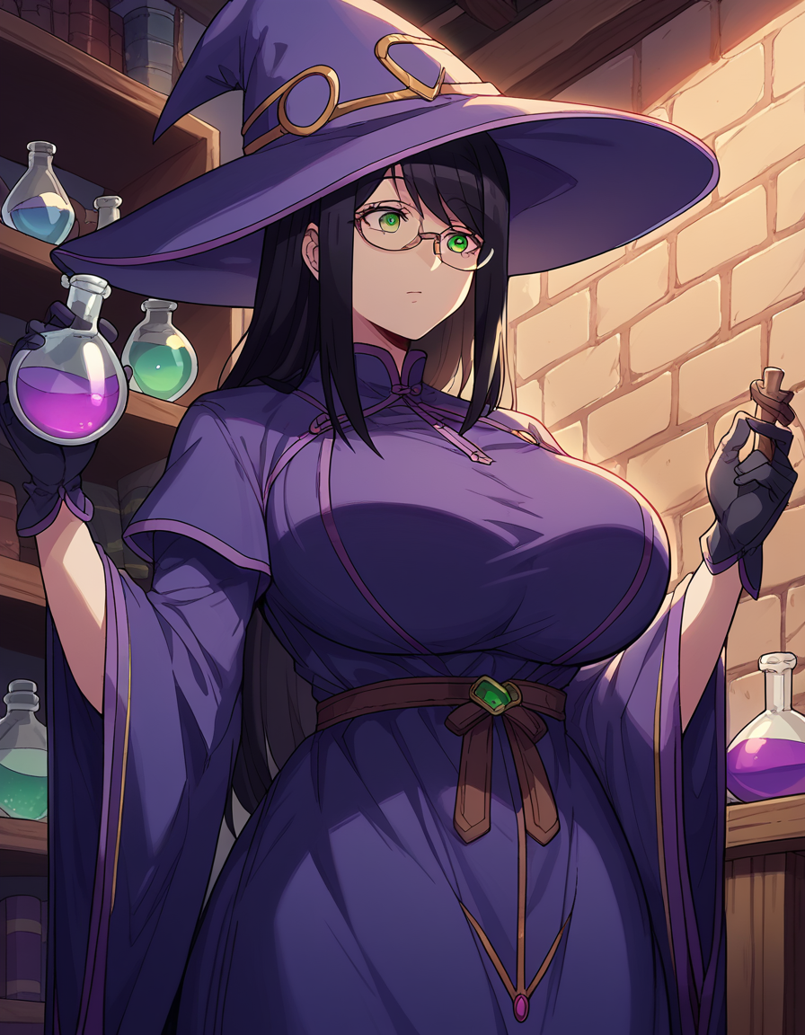 score_9, score_8_up, score_7_up, source_anime, <lora:yuzuki-hanyuu-s1-ponyxl-lora-nochekaiser:1>, yuzuki hanyuu, long hair, black hair, green eyes, glasses, huge breasts,, <lora:wizard-ponyxl-lora-nochekaiser:1>, wizard, wizard hat, robe, dress, long sleeves, gloves,, indoors, bricks, potion, flask, vial,, cowboy shot,, , dutch angle, cowboy shot