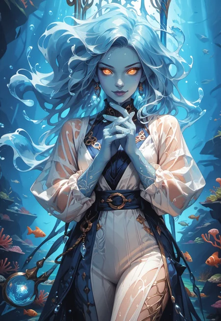 ((zPDXL3)), (score_9), (score_8_up, score_7_up), knva, (blue skin), (all blue skin), (blue complexion), (blue hands, blue arms, blue skin, blue ears), L0LSPL4SH, year2024, year2023, West Studio, sixmorevodka, g0thicPXL, glowing, neon, HD Eyes, masterpiece, best quality, highly detailed, intricate details, extremely detailed, smooth lines, masterpiece, no text, quality highlights, 8k detail, detailed background, (((pastel colors, high contrast,expressiveh,)))
...
1woman, solo, (((watergenasi, pointed ears, floating hair, liquid hair, wet clothes, webbed fingers))), (((blue skin, bioluminescent freckles))), ((bioluminescent skin)), (((liquid hair))), ((orange eyes, bright eyes)), glowing eyes:.4, (((blue skin))), adult, mature, ((uneven bob hairstyle, chin-length hair, liquid hair)), ((chin-length hair)), (standing, sexy pose), (white silk dress, belt, boots), (perky breasts, slender figure, cute butt), ((sly smile)), ((holding trident, 1 trident)), ((dynamic pose)), ((full body)), ((action pose)), (surrounded with a school of fish, framed by fish),
...
(Underwater Background, Dappled Sunlight on Water Surface, Fish, Coral, Reef, Gilded Frame, colourful, bioluminescent jellyfish, detailed background, artistic and intricate background)
...
<lora:detail-tweaker-XL:2>,