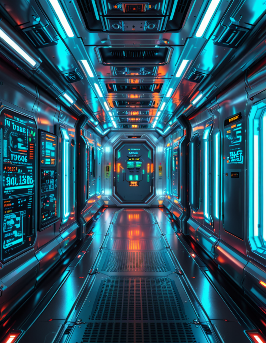 A highly detailed futuristic spaceship corridor, illuminated by soft neon blue and purple lights. The walls are made of sleek metallic panels, with glowing circuits and holographic displays integrated into the design. The floor is reflective and polished, with a faint grid pattern that emits a subtle white glow. Pipes and cables run along the ceiling, interspersed with small ventilation grids and blinking lights. The corridor stretches into the distance, creating a sense of depth, with a slight curve that hints at the massive scale of the spacecraft. The atmosphere feels clean, modern, and slightly sterile, with a sci-fi aesthetic inspired by movies like Blade Runner and Star Wars. The overall lighting is ambient and slightly dim, accentuating the futuristic ambiance. No characters or people are present, focusing entirely on the corridor's architecture and design.<lora:SDXLFaeTastic2400:0.4> <lora:extremely_detailed:0.4> extremely detailed, <lora:futuristic_spaceship_c0rr1d0r:1>,futuristic spaceship c0rr1d0r, Masterpiece,best quality,hi res,8k,hi res,8k,award winning,(sharp focus, intricate, highly detailed),