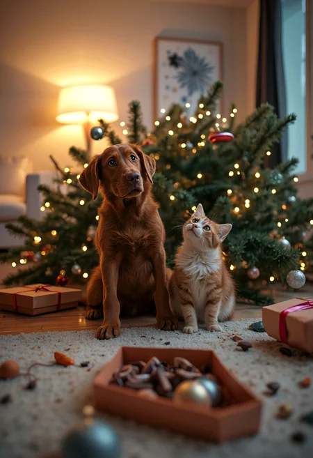 Named "Not Guilty", this is a brilliant and beautiful high-angle shot capturing a funny late winter night scene in a large, well-lit white living room of a modern and trendy New York apartment. It looks like there has been a fight because the Christmas tree is toppled over, lying on its side on the floor. In the foreground, facing the viewer, a cute young chocolate Labrador with brown eyes and next to him a cute Persian cat with green eyes sit side by side, looking up with innocent expressions, powerfully lit by a bedside lamp. In the blurred background, everything is in disarray in the immense room. Gift boxes are torn or crushed, opened boxes of chocolates are overturned with chocolates and candies scattered on the floor, and ornaments are strewn about, giving the impression of a recent scuffle.