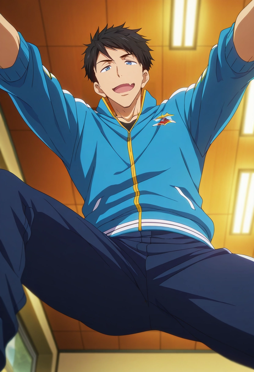 masterpiece, best quality, , anime screencap, anime coloring, official style, , 1boy, solo, male focus, <lora:sousuke_yamazaki_ilxl:0.98>, sousuke_yamazaki, black hair, blue eyes, short hair, from below, mountaintop city, indoors, light, jumping, skin fang,