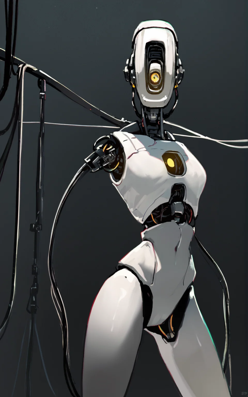 score_9, score_8_up, score_7_up,((best quality)), absurdres,<lora:3d-2d:0.8>,  <lora:GLaDOSSDXL:0.8>,GLaDOSSDXL,robot,humanoid robot, joints,yellow eye,one-eyed,no mouth, science fiction,standing,white skin,solo,slim,(cable),dark room , horror \(theme\)