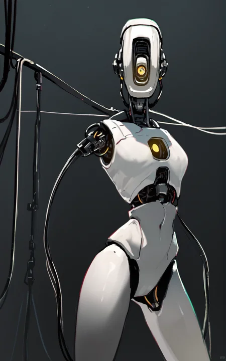 score_9, score_8_up, score_7_up,((best quality)), absurdres,<lora:3d-2d:0.8>, <lora:GLaDOSSDXL:0.8>,GLaDOSSDXL,robot,humanoid robot, joints,yellow eye,one-eyed,no mouth, science fiction,standing,white skin,solo,slim,(cable),dark room , horror \(theme\)