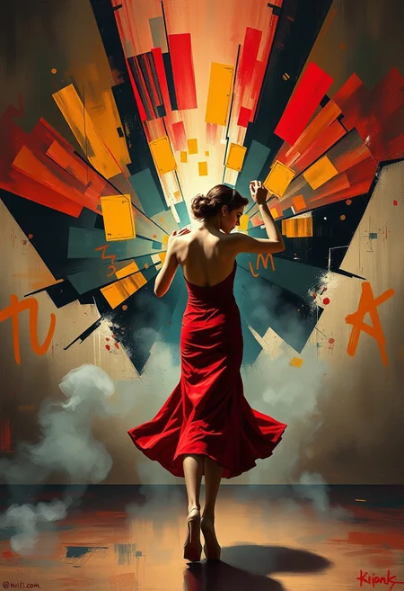 A woman in a backless red dress dances alone in a smoky room, the walls behind her exploding into fractured shapes and vibrant brushstrokes.
cinematic realism, modernist abstraction, vintage fashion, expressive color palette, fragmented composition, narrative surrealism, romantic noir, bold geometric forms, rhythmic patterns, textured brushwork, dreamlike tension, symbolic elements, 20th-century elegance, surreal backgrounds, abstract expression, stylized figures, visual dynamism, painterly contrast, emotional ambiguity, narrative experimentation