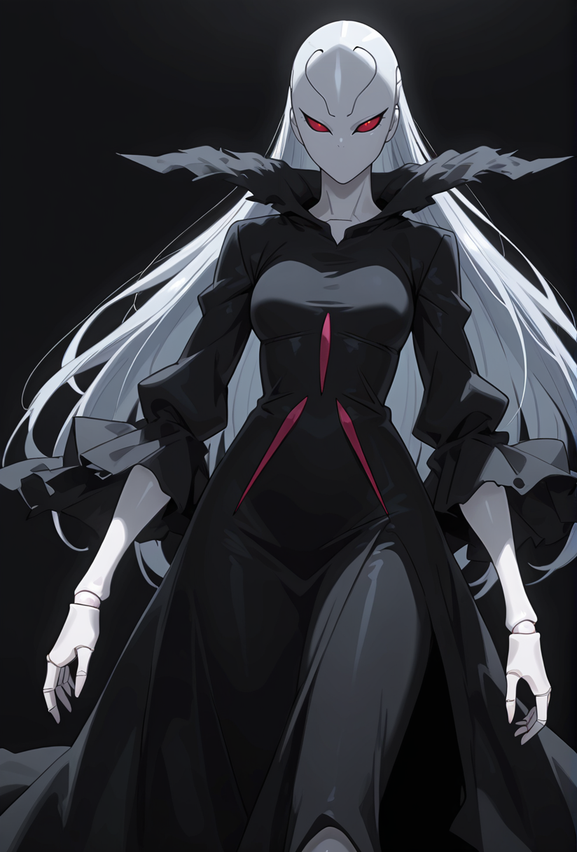 Smooth Quality,masterpiece,very intricate, high quality details, ultra realistic, high detailed skin,detailed enviorement,absurdres,
simple background, white background, 
dynamic angle,serious, intense gaze, line lips,,solo,
 <lora:Berettacnn:0.8>  beretacnn,1girl, long hair,red eyes, (mask:1.1), black dress,silver hair, doll joints, no humans, no mouth,