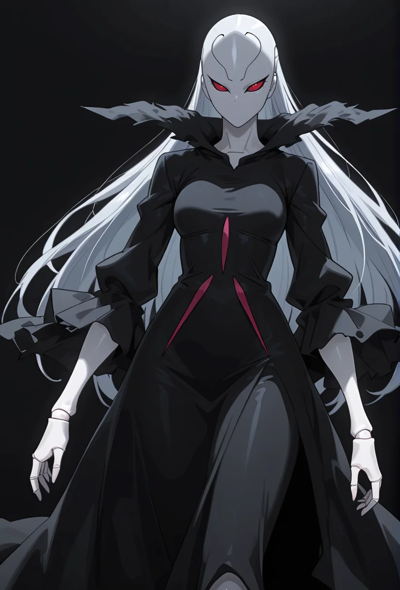 Smooth Quality,masterpiece,very intricate, high quality details, ultra realistic, high detailed skin,detailed enviorement,absurdres,
simple background, white background,
dynamic angle,serious, intense gaze, line lips,,solo,
<lora:Berettacnn:0.8> beretacnn,1girl, long hair,red eyes, (mask:1.1), black dress,silver hair, doll joints, no humans, no mouth,