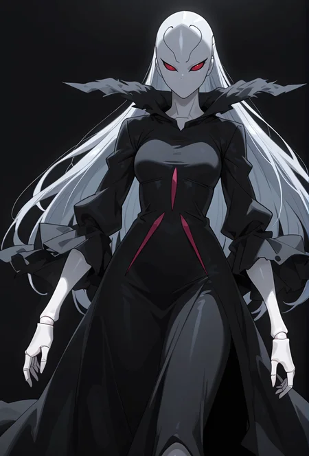 Smooth Quality,masterpiece,very intricate, high quality details, ultra realistic, high detailed skin,detailed enviorement,absurdres,
simple background, white background, 
dynamic angle,serious, intense gaze, line lips,,solo,
 <lora:Berettacnn:0.8>  beretacnn,1girl, long hair,red eyes, (mask:1.1), black dress,silver hair, doll joints, no humans, no mouth,