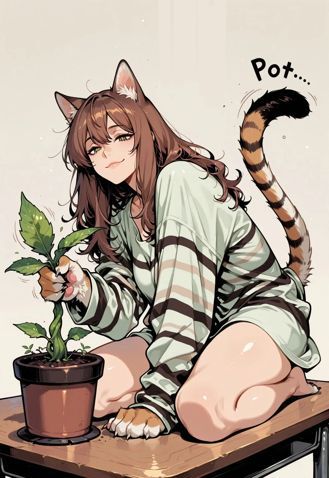 core_9, score_8_up, score_7_up, masterpiece, best quality, very aesthetic, detailed face, (dynamic:1), 1girl, catgirl, animal arms, sitting on table, pet pose, brown hair, long hair, striped white fur, animal ears, (smug:0.7), slit pupils, white pupils, pushing of table, plant pot, over the edge, full body, legs, pressing against, (pushing over the edge:1.1), oversized shirt, playing with, hitting plant-pot, flying plant pot, mid air, shattering, swiping, mature, (kneeling:0.9), downwards, (falling:1.1), sliding