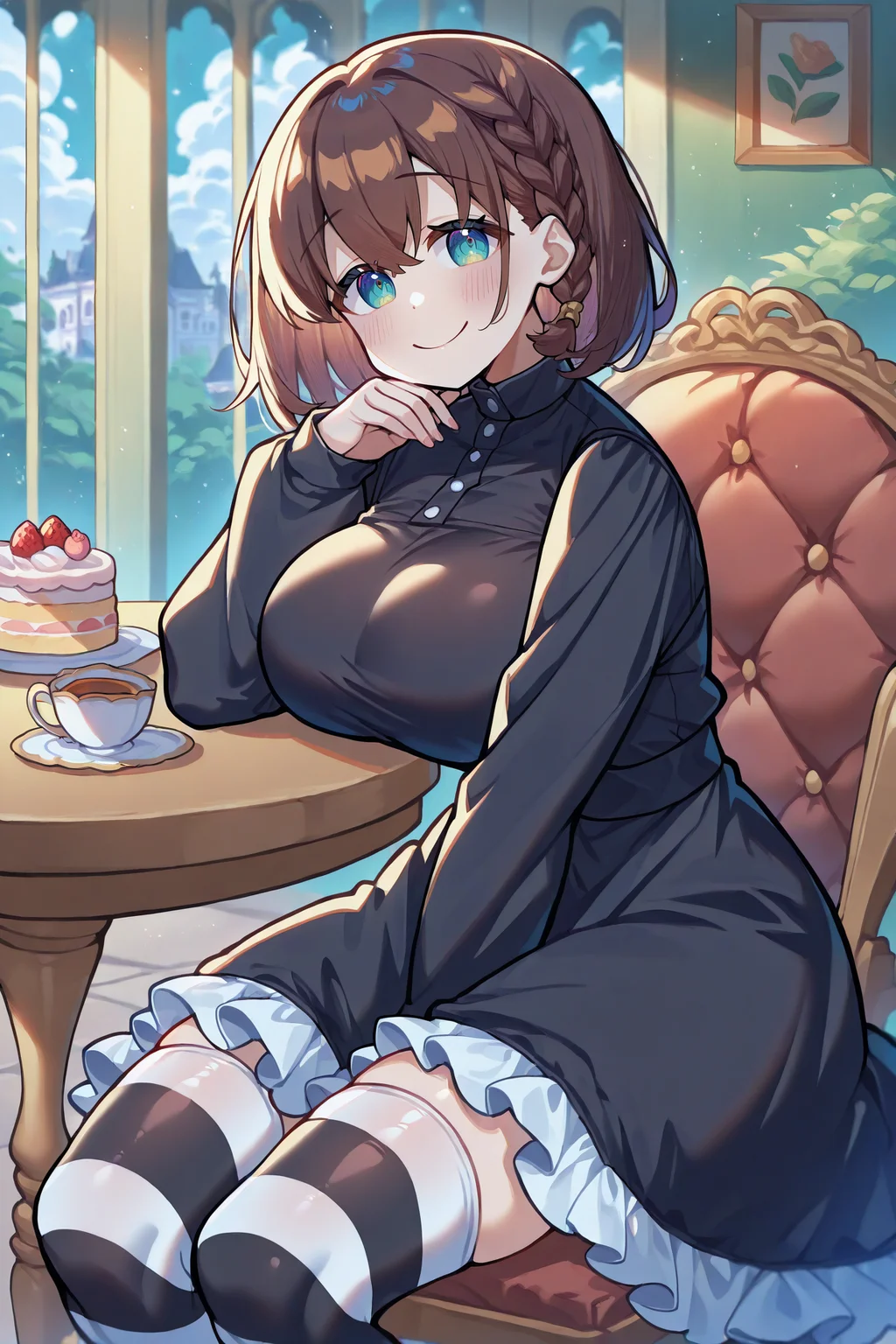masterpiece, best quality, newest, absurdres, highres, 1girl, solo, <lora:aichan-illu-nvwls-v1-000005:1> aichan, brown hair, medium hair, cyan eyes, braid, large breasts, black dress, frilled dress, striped thighhighs, sitting, chair, table, mansion, looking at viewer, smile, blush, teacup, cake, colorful