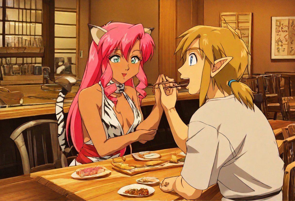 Pink_DragonPink, 1girl, sleeveless dress, white tiger print dress, pelvic curtain, cleavage, white tiger tail, red sash, small breasts, leather shoes, masterpiece, very aesthetic, cute expression <lora:pink-illustrious:1>, japanese restaurant, counter, showcase, omakase, sushi plate
Break
(anime, anime coloring:1.3),1boy,Anime screencap,link (zelda),blonde hair,blue eyes,pointy ears, wearing blue hyilian tunic, holding chopsticks, Link feeding dragonpink sushi, indoor, chair, window, japanese restaurant, counter, showcase, omakase, sushi plate, wooden plate,
Dragonpink and Link happily enjoy a meal, indoors, chair, window, japanese restaurant, link and dragonpink feed each other sushi, link and dragonpink holding hands, link and dragonpink kissing, counter, showcase, omakase, sushi plate, wooden plate, both dragonpink and link upper bodies in frame, smiling at each other