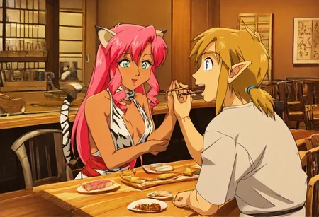 Pink_DragonPink, 1girl, sleeveless dress, white tiger print dress, pelvic curtain, cleavage, white tiger tail, red sash, small breasts, leather shoes, masterpiece, very aesthetic, cute expression <lora:pink-illustrious:1>, japanese restaurant, counter, showcase, omakase, sushi plate
Break
(anime, anime coloring:1.3),1boy,Anime screencap,link (zelda),blonde hair,blue eyes,pointy ears, wearing blue hyilian tunic, holding chopsticks, Link feeding dragonpink sushi, indoor, chair, window, japanese restaurant, counter, showcase, omakase, sushi plate, wooden plate,
Dragonpink and Link happily enjoy a meal, indoors, chair, window, japanese restaurant, link and dragonpink feed each other sushi, link and dragonpink holding hands, link and dragonpink kissing, counter, showcase, omakase, sushi plate, wooden plate, both dragonpink and link upper bodies in frame, smiling at each other