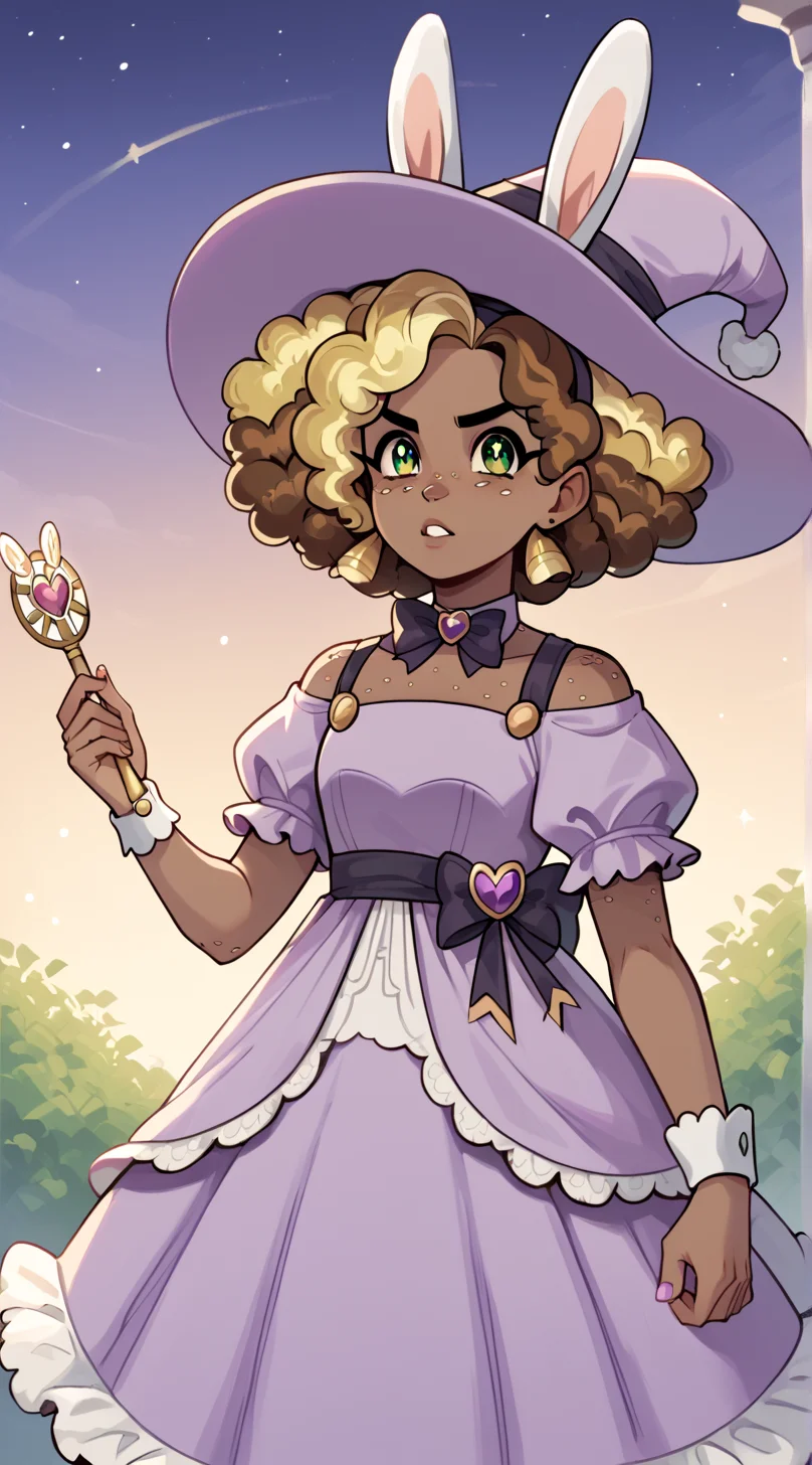 ((score_9)), score_8_up, score_7_up, high quality, masterpiece Lorelai, green eyes, dark-skinned female, freckles, curly hair, brown hair, green eyes, 1girl, multicolored hair, two-tone hair, big hair, afro, ((Bunny Knight Lorelai)), puffy sleaves, ((light purple witch hat)), light purple dress, wand<lora:Lorelai_Blyndeff:1>