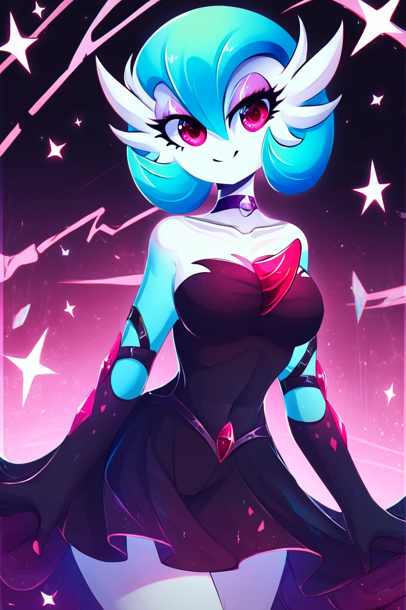 score_9, score_8_up, score_8, medium breasts, (curvy), cute, eyelashes,       BREAK, , zzshinygardevoir, dress, bare shoulders, medium breasts, standing, collarbone, black dress, gloves, elbow gloves, strapless dress <lora:Shiny_Mega_Gardevoir_PDXL:1.0>,     , BREAK, smile, looking at viewer, cowboy shot, ,,, embedding:zPDXL, <lora:theButcherXPDXL:0.8>,