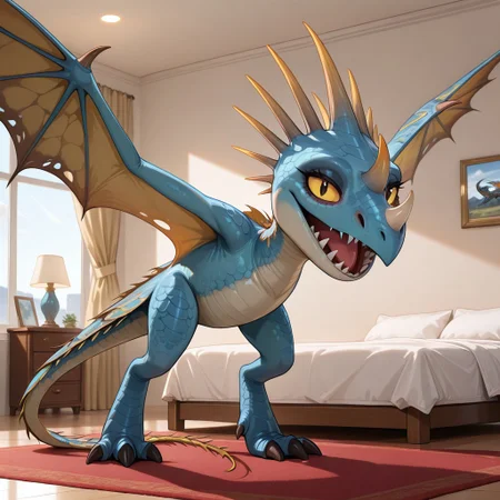1girl, highres, absurdres, newest, masterpiece, best quality, furry, furry_female, deadly nadder, dragon, scales, wings, horns, tail, Stormfly_httyd, blue scales, yellow sclera, ((wyvern, no claws, horn on nose, nose horn:1.3)), (bipedal, feral:1.3), detailed eyes, (standing, spread wings), open_mouth, open mouth smile, luxurious detailed room, bright room, day scene, professional lighting, white bed, solo, bedroom, smiling, seductive, looking_at_viewer, masterpiece, full body, safe
