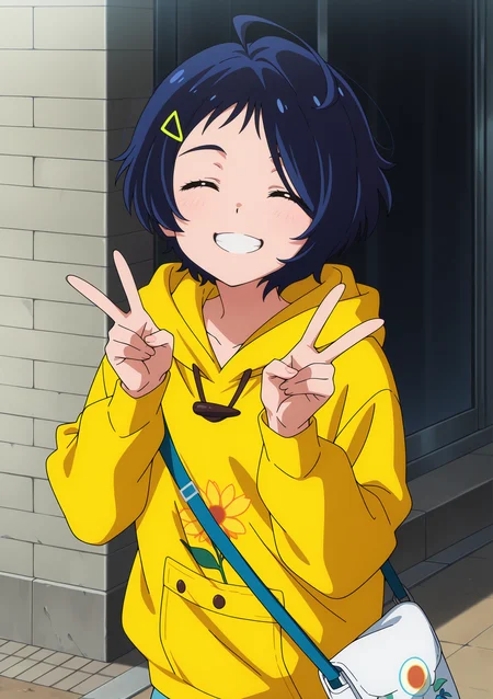 detailed background, official style,anime coloring, (anime screencap) masterpiece, detailed face,1girl <lora:Ai_Ohto:0.8>Ai, solo, smile, short hair, hair ornament, long sleeves, holding, blue hair, closed eyes, ahoge, outdoors, hairclip, hood, bag, grin, v, hoodie, floral print, hood down, facing viewer, double v, dark blue hair, yellow hoodie