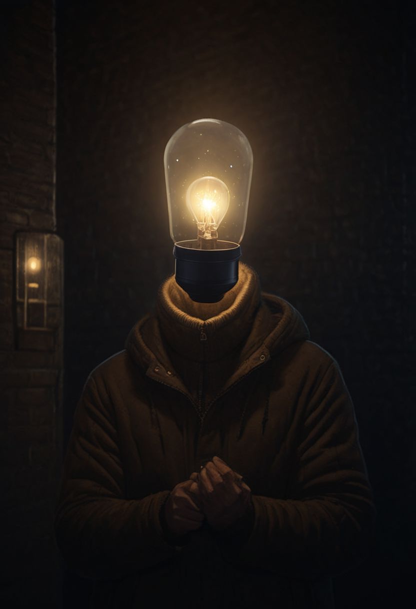 A man with a lightbulb-head cuddling a moth-woman, His lightbulb-head spreads a cozy warm weak light, high Quality, volumetric light, dense light/Shadow Game, very detailed, uhd, dark and dimly Lit alley By night backdrop, bokeh,