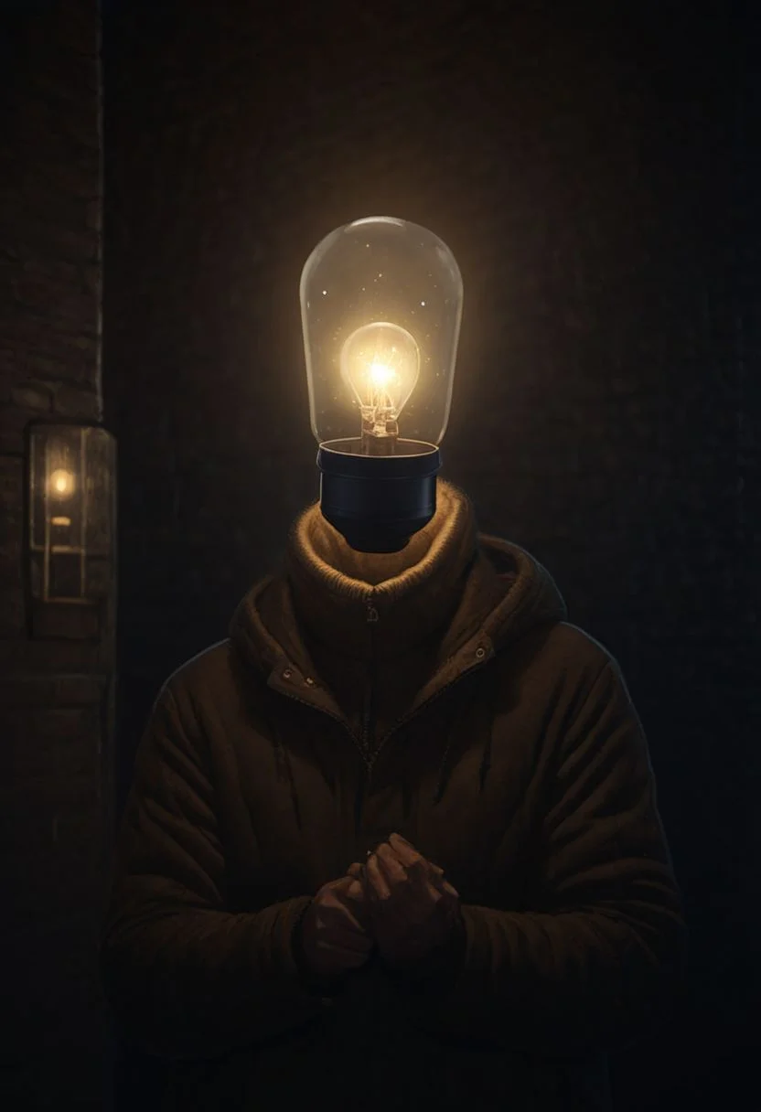 A man with a lightbulb-head cuddling a moth-woman, His lightbulb-head spreads a cozy warm weak light, high Quality, volumetric light, dense light/Shadow Game, very detailed, uhd, dark and dimly Lit alley By night backdrop, bokeh,