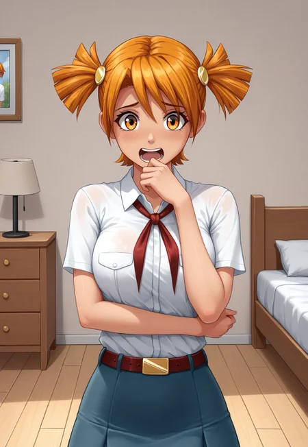 masterpiece, amazing quality, highest quality, dynamic pose, smooth shading, glistening skin, amazing lighitng, dynamic pose, ultra detailed, detailed face, ultra sharp, sharp outline, sketch,

AliceES, 1girl, solo, orange hair, round golden hair ornament, orange eyes, short twintails, white shirt, blue skirt, belt, face focus, upper body,

scared,

looking at viewer, indoor, bedroom, dof