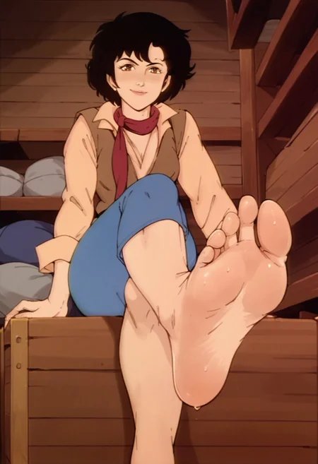 score_9, score_8_up, score_7_up, score_6_up, best_quality, source_anime, 1girl, solo,
tessdarrett, pole_position, short hair, black hair, brown eyes, scarf, vest, shirt, jeans,
sitting on wooden crate in storeroom, flat colors, retro_artstyle,
(barefoot, sole, foot focus:1.2), crossed legs, ((perfect foot)), high arched foot,
gentle smile
looking at viewer, elegant pose, detailed sole, sweaty sole, high-arched foot, wrinkled sole,
front view, from below, soft lighting,, 5_toes