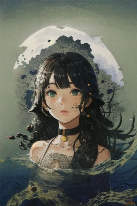 portrait, ukiyo-e, 1girl, in water, freckles, ripples, long hair, wavy hair, upper body, forest, fox ear, choker, looking at viewer, moon, night, dark photo, blurry background