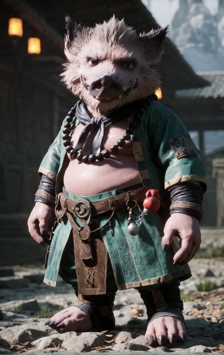 score_9, score_8_up, score_7_up, 8k, best quality, masterpiece, (ultra-detailed), solo, looking at viewer, full body, 
<lora:heishenhua-pony-Tanger-000010:0.8>, bajie,Boar man,green outfit,furry male, furry,  1boy, male focus, , by heishenhua, game cg,