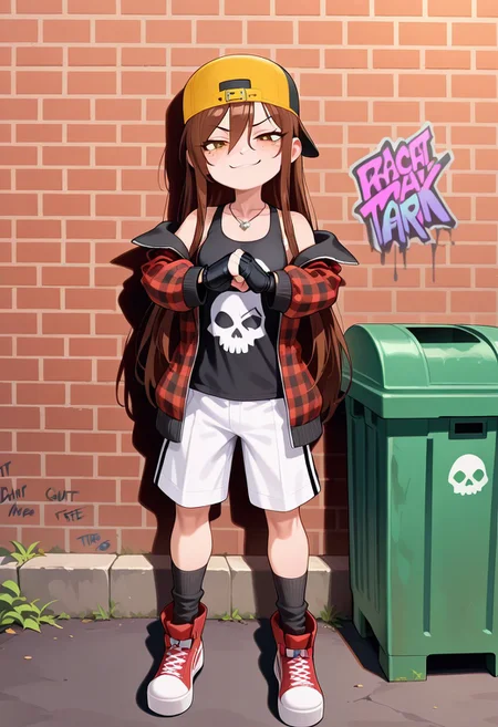 masterpiece, best quality, absurdres, anime screenshot, 1girl, solo, female focus, Carol_CTO, freckles, brown hair, asymmetrical bangs, long bangs, bangs between eyes, sidelocks, very long hair, hair down, CTO_ska, backwards hat, baseball cap, yellow headwear, necklace, plaid jacket, open jacket, off-shoulder jacket, tank top, black tank top, print tank top, skull print, skull bow, cargo shorts, white shorts, black socks, kneehighs, high tops, red footwear, fingerless gloves, black gloves, fist in hand, looking at viewer, smug, outdoors, alleyway, brick wall, trash can, dumpster, graffiti,