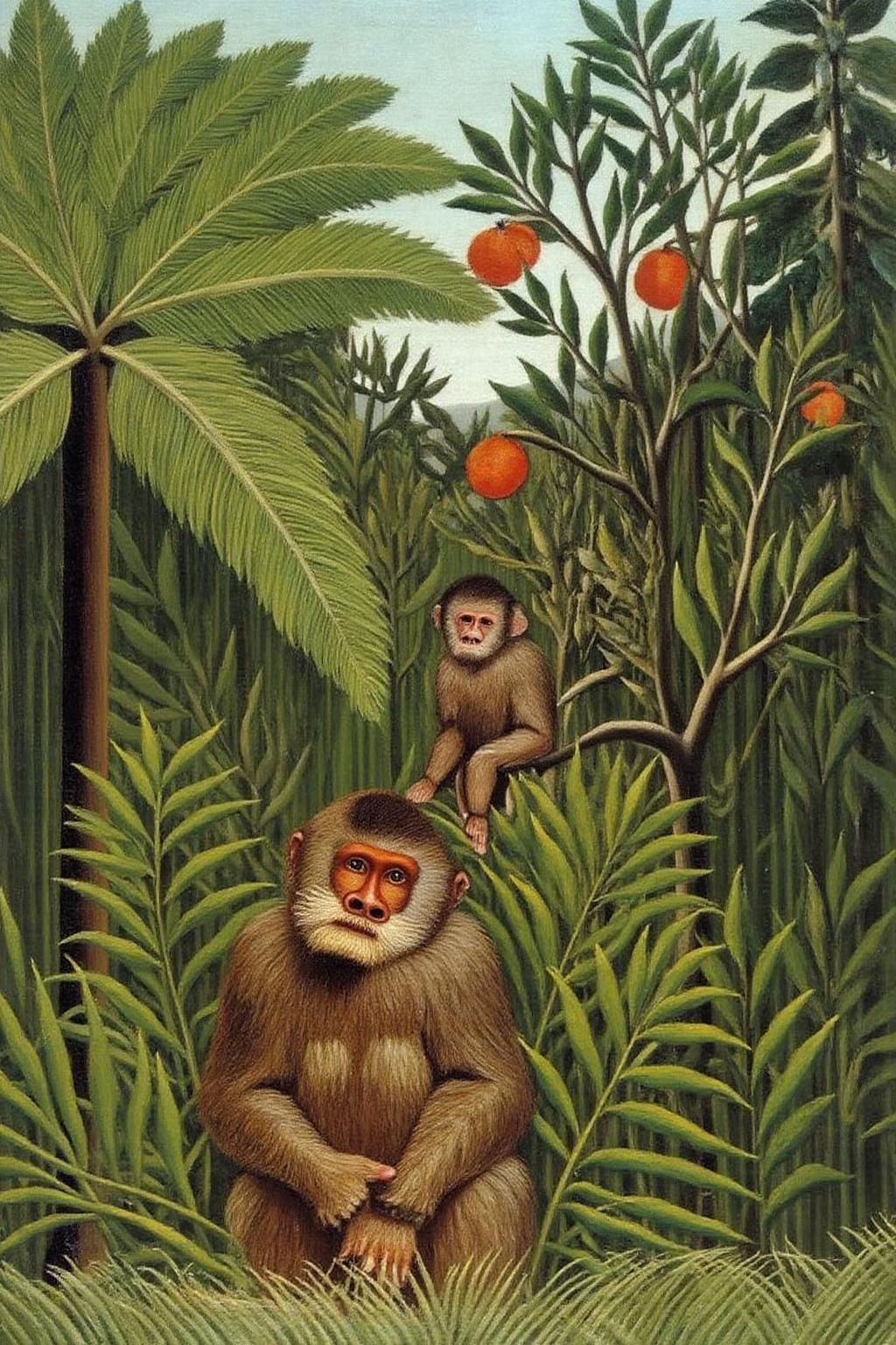 henrou1 painting
A lush, tropical forest with two monkeys. The scene is rich in color and texture, with a palette dominated by various shades of green, brown, and orange. In the foreground, a large, robust monkey with a brown body and lighter, almost golden fur, is seated on the ground. <lora:henrou1_jungle_cap_d6a3e14:1.0><lora:817690545704099025:0>