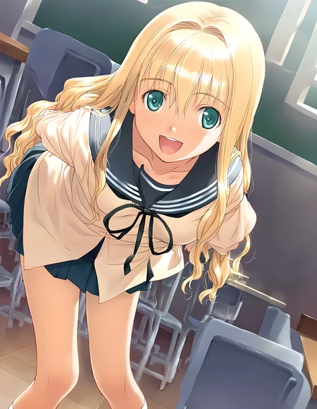 <lora:pony_xl_hortensia:0.9>,hortensia,score_9,score_8_up,score_7_up,source_anime,best quality,masterpiece,super fine illustration,1girl,solo,adorable_girl,smile,:d,happy,open your mouth and laugh,school_uniform,sailor,pleated_skirt,standing,arms_behind_back,leaning_forward,knees_together_feet_apart,indoor,classroom,cowboy_shot,