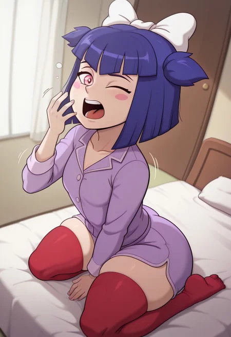 (masterpiece, amazing quality, best quality), <lora:blackwhiplash(bwl)-guy90-Illust-Lycorisv1:1>, blaash, <lora:stuffy_ai_style_illustrious_goofy:0.8>, motion lines, 
BroomWitchZYN, 1girl, solo,short hair, purple-blue hair, bangs, hair bow, blush sticker, pink eyes, pajamas, shorts, red thighhighs, looking at viewer, yawning, open mouth, one eye closed, kneeling, on bed, fisheye, from above, from side