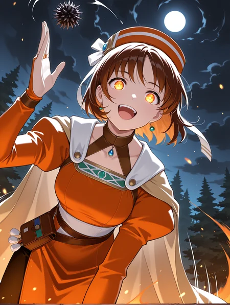 masterpiece,best quality,newest,
1girl,solo,
<lora:Elfir_Traum_ilxl_v1.2:1>,e_hat,elfir_traum,short hair,brown hair,brown eyes,e_clothes,bridal gauntlets,
<lora:Fixhands_anime_bdsqlsz_V1:1>,dynamic_angle,cinematic_angle,glowing eyes,fighting_stance,fighting,night,darkness,(motion_blur:1.3),(motion line:1.2),(speed_lines:1.1),aura effect,dark cloud,leaning_forward,pov,looking_at_viewer,front view,open mouth,laughing,bent over,looking ahead,fantasy,medieval style,tossing sea urchin,forest,upper_body,