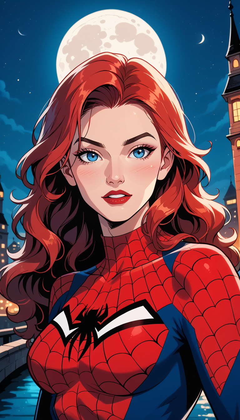 score_9, score_8_up, score_7_up, (Western Comics), Spider-girl, cute, seductive, innocent, dark red long hair, floating hair, wavy hair, in high detailed (Spiderman) suit, night, full moon, (bridge background), (Portrait photo), (depth of field), (dynamic angle), (ultra detailed, high quality texture), (sharp), (artistic image)