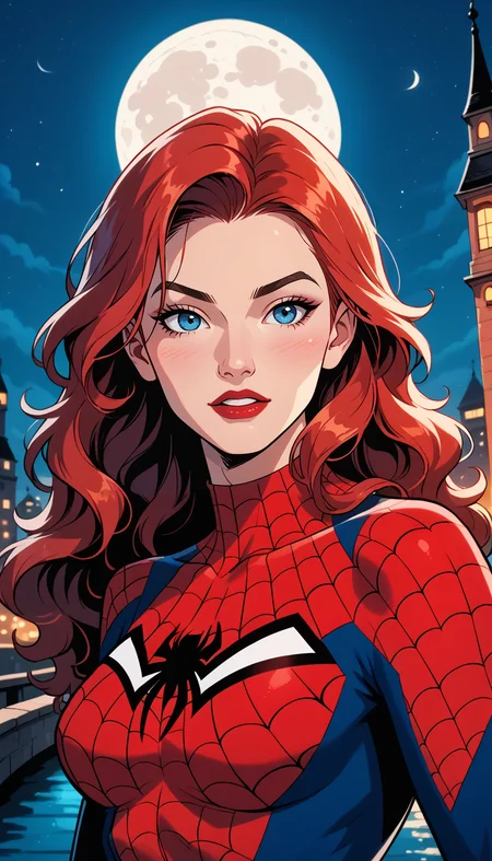 score_9, score_8_up, score_7_up, (Western Comics), Spider-girl, cute, seductive, innocent, dark red long hair, floating hair, wavy hair, in high detailed (Spiderman) suit, night, full moon, (bridge background), (Portrait photo), (depth of field), (dynamic angle), (ultra detailed, high quality texture), (sharp), (artistic image)