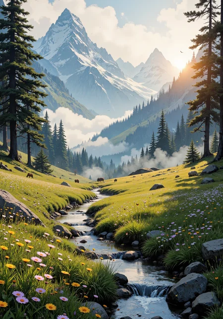 Ethereal morning light filters through a gossamer mist, illuminating a lush alpine meadow nestled between towering snow-capped peaks. Delicate wildflowers in pastel hues of lavender, pink, and yellow dot the verdant grass, their petals glistening with dew. A gentle stream meanders through the scene, its crystal-clear waters reflecting the soft golden glow of sunrise. Majestic pine trees frame the edges, their branches adorned with wisps of fog. Butterflies with iridescent wings flit between blooms, while a family of mountain goats grazes peacefully in the distance. The air is crisp and clean, filled with the subtle fragrance of alpine flora. Hyperdetailed 8K resolution, masterful composition, photorealistic rendering with soft focus edges, capturing the serene beauty of untouched nature. <lora:Hand v2:0.8> <lora:MoriiMee_Gothic_Niji_Style_FLUX:0.2> <lora:Comic book V2:0.9> <lora:aidmaGothGirl-FLUX-V0.1:0.7> <lora:Ethereal Brush Anime v2.0:0.4> <lora:Anime realistic V2:0.3> <lora:flux_dev:1>