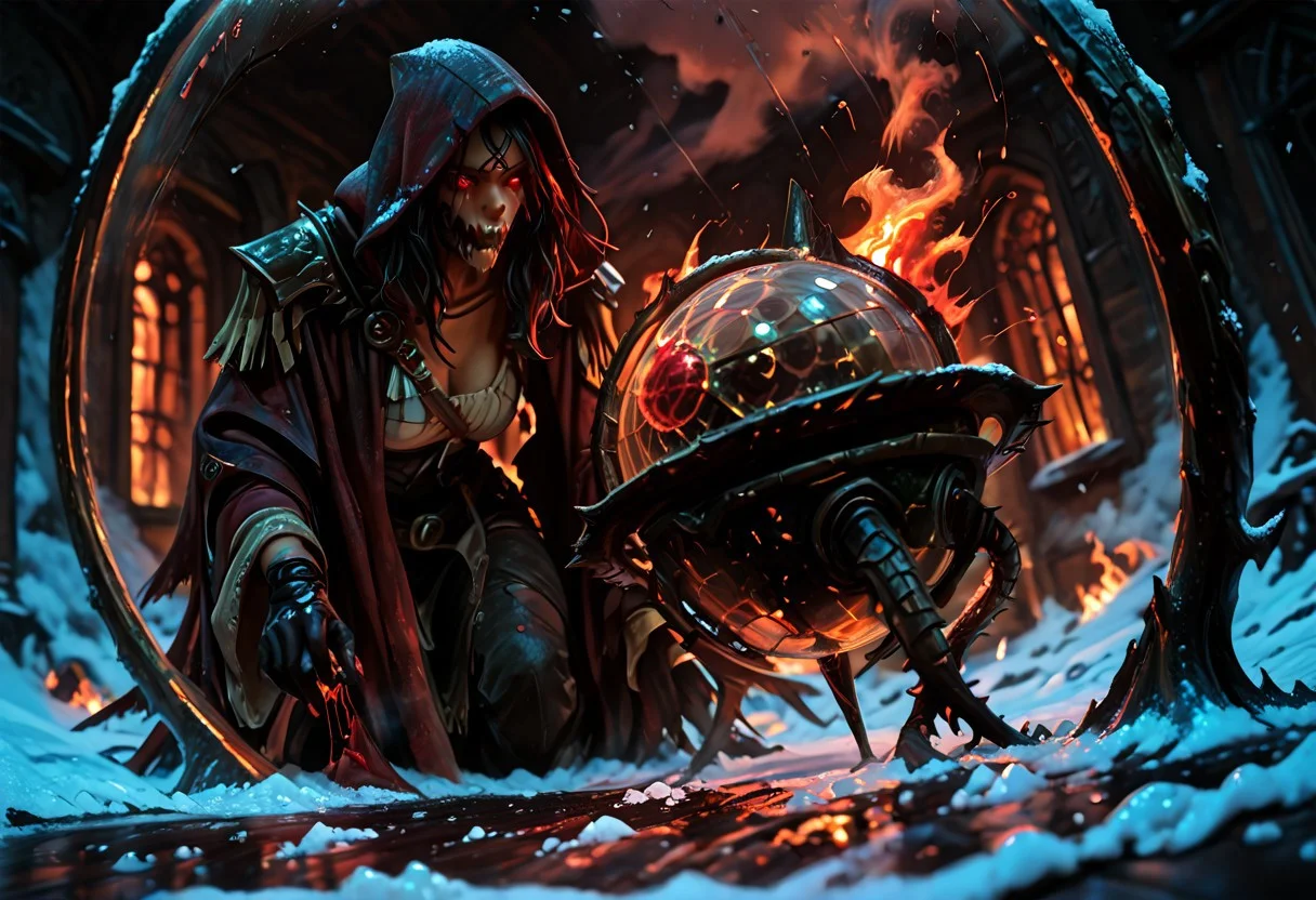 masterwork, masterpiece, best quality, detailed, depth of field, high detail, very aesthetic, sharp edges, precise, clear focus, highly detailed epic cinematic concept art, octane render, (3d shading:1.6), dynamic lighting, very inspirational, (Dreamlike surrealist painting:1.8),
(the world is burning (inside a glass sphere:1.9) :1.5), watched by a demon, surreal female demon, red eyes, swirling cloak turning into threatening clouds,
snow, glowing footprints, burning tears scorch the land, eldritch, horror, gdv2-illu, (Artgerm, Piotr Jablonski, Karla Ortiz style),