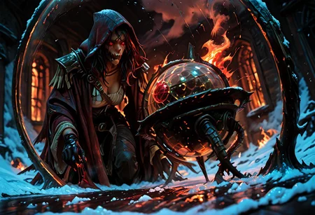 masterwork, masterpiece, best quality, detailed, depth of field, high detail, very aesthetic, sharp edges, precise, clear focus, highly detailed epic cinematic concept art, octane render, (3d shading:1.6), dynamic lighting, very inspirational, (Dreamlike surrealist painting:1.8),
(the world is burning (inside a glass sphere:1.9) :1.5), watched by a demon, surreal female demon, red eyes, swirling cloak turning into threatening clouds,
snow, glowing footprints, burning tears scorch the land, eldritch, horror, gdv2-illu, (Artgerm, Piotr Jablonski, Karla Ortiz style),