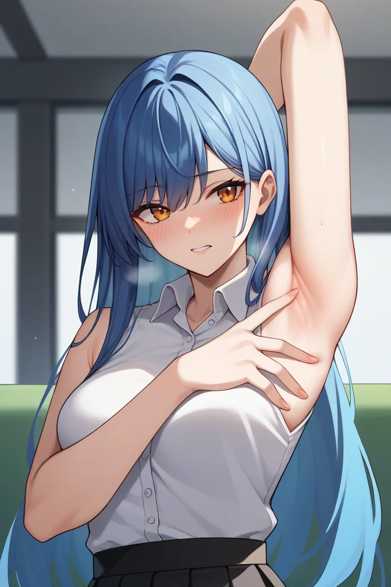 score_9, score_8_up, score_7_up, source_anime,
upper body, solo, 1girl, sexy female, tall female, breasts, blue hair, long hair, open hair, orange eyes, white shirt, sleeveless shirt, collared shirt, black skirt, pleated skirt,
<lora:SpreadArmpitV2-04:1>, spread armpit, (arm up, presenting armpit, fingers on own armpit:1.2), nose blush, heavy breathing,
indoors