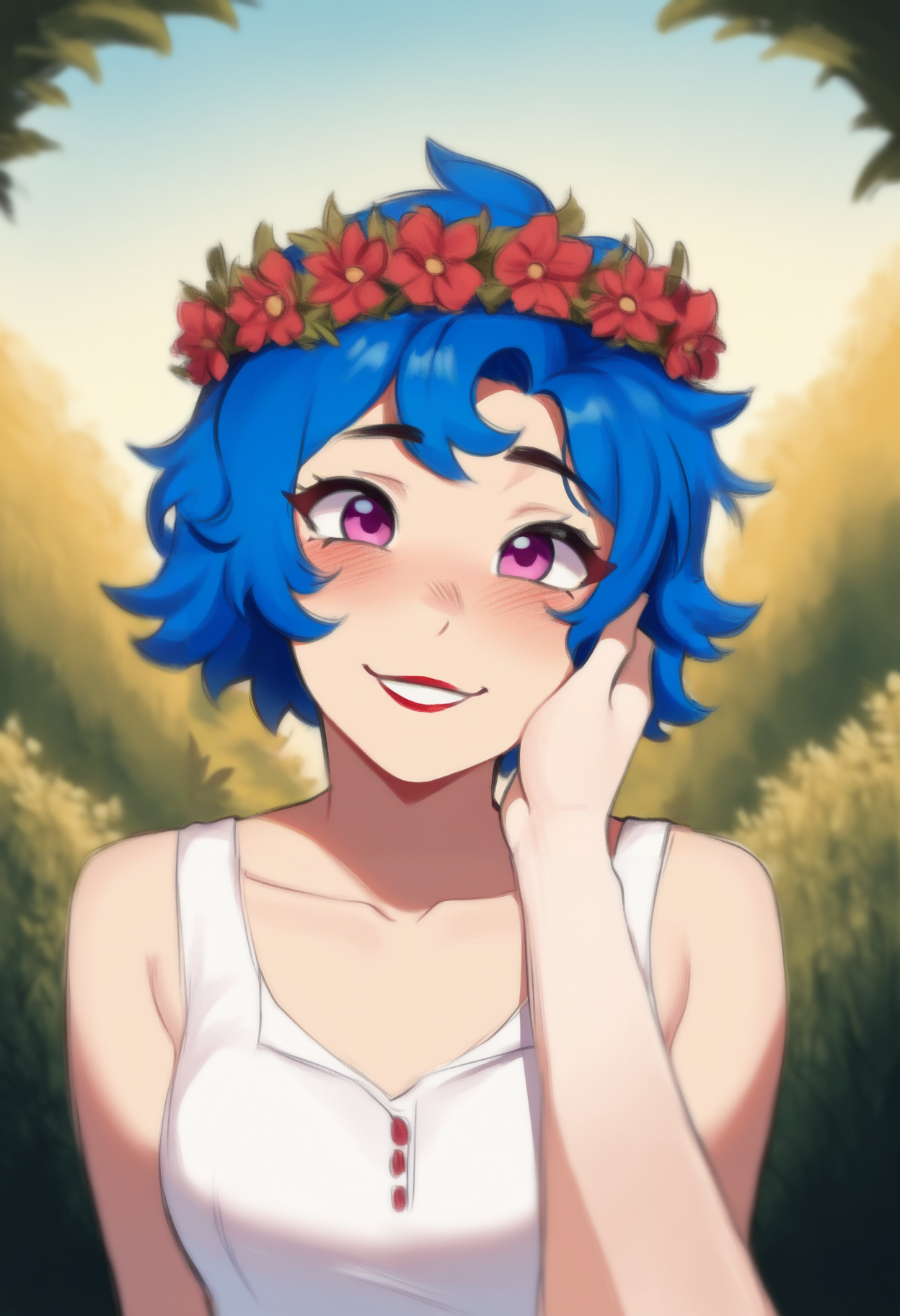masterpiece, best quality, 1girl, solo,  <lora:NSEmilyStardew:1> NSEmilyStardew, blue hair, purple eyes, red lipstick, short hair, floral wreath, white dress, collarbone, sleeveless, pov hand, hand on another's cheek, parted lips, blush, happy, outdoors