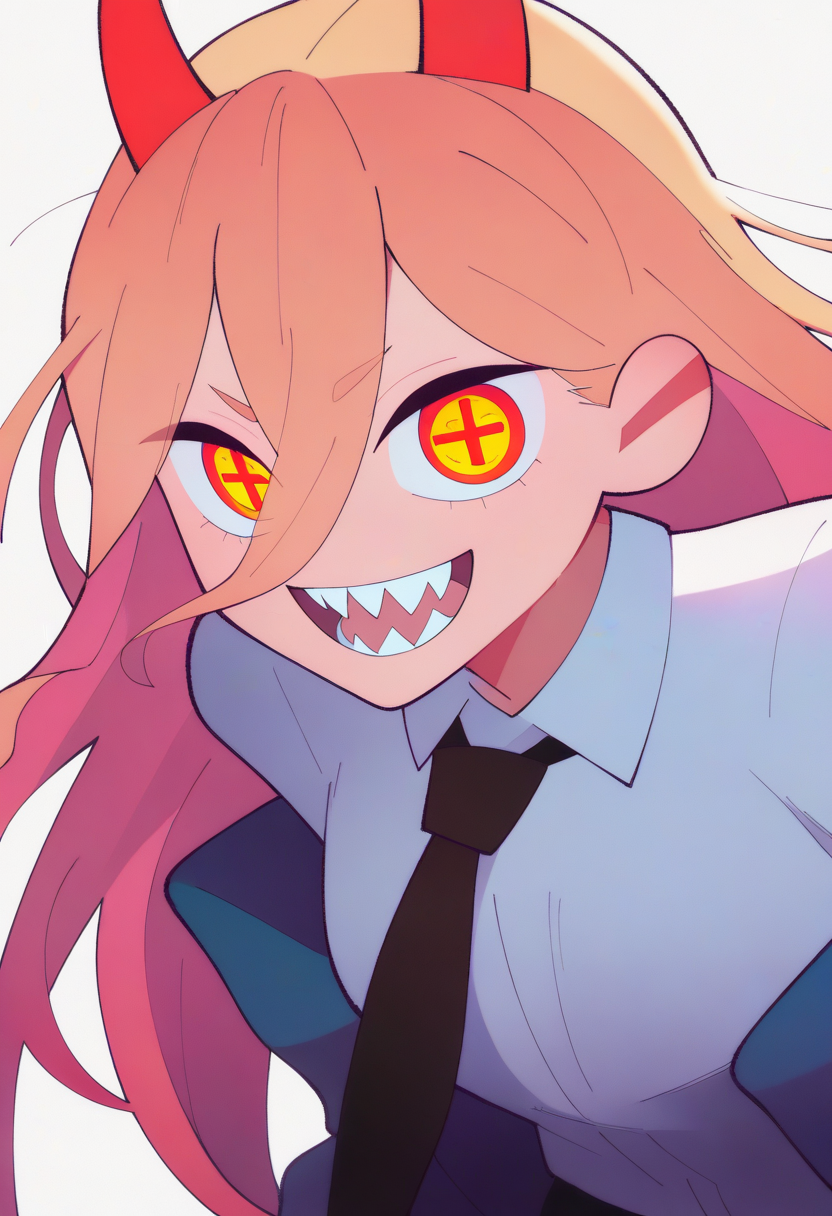 best quality, amazing quality, very aesthetic, absurdres,
BREAK
1girl, power \(chainsaw man\), pink hair, blonde hair, red horns, red eyes, cross-shaped pupils, long hair, sharp teeth, hair between eyes, symbol-shaped pupils,
collared shirt, black necktie, long sleeves,
looking at viewer, white shirt, open mouth,
simple background, white background, smile, upper body,    <lora:FlipherrNoobLocon_byKonan:1>