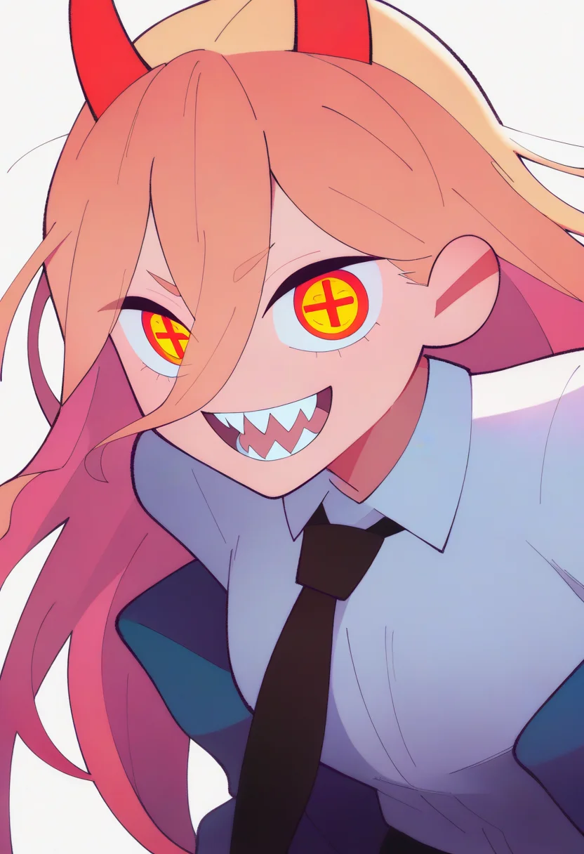 best quality, amazing quality, very aesthetic, absurdres,
BREAK
1girl, power \(chainsaw man\), pink hair, blonde hair, red horns, red eyes, cross-shaped pupils, long hair, sharp teeth, hair between eyes, symbol-shaped pupils,
collared shirt, black necktie, long sleeves,
looking at viewer, white shirt, open mouth,
simple background, white background, smile, upper body, <lora:FlipherrNoobLocon_byKonan:1>