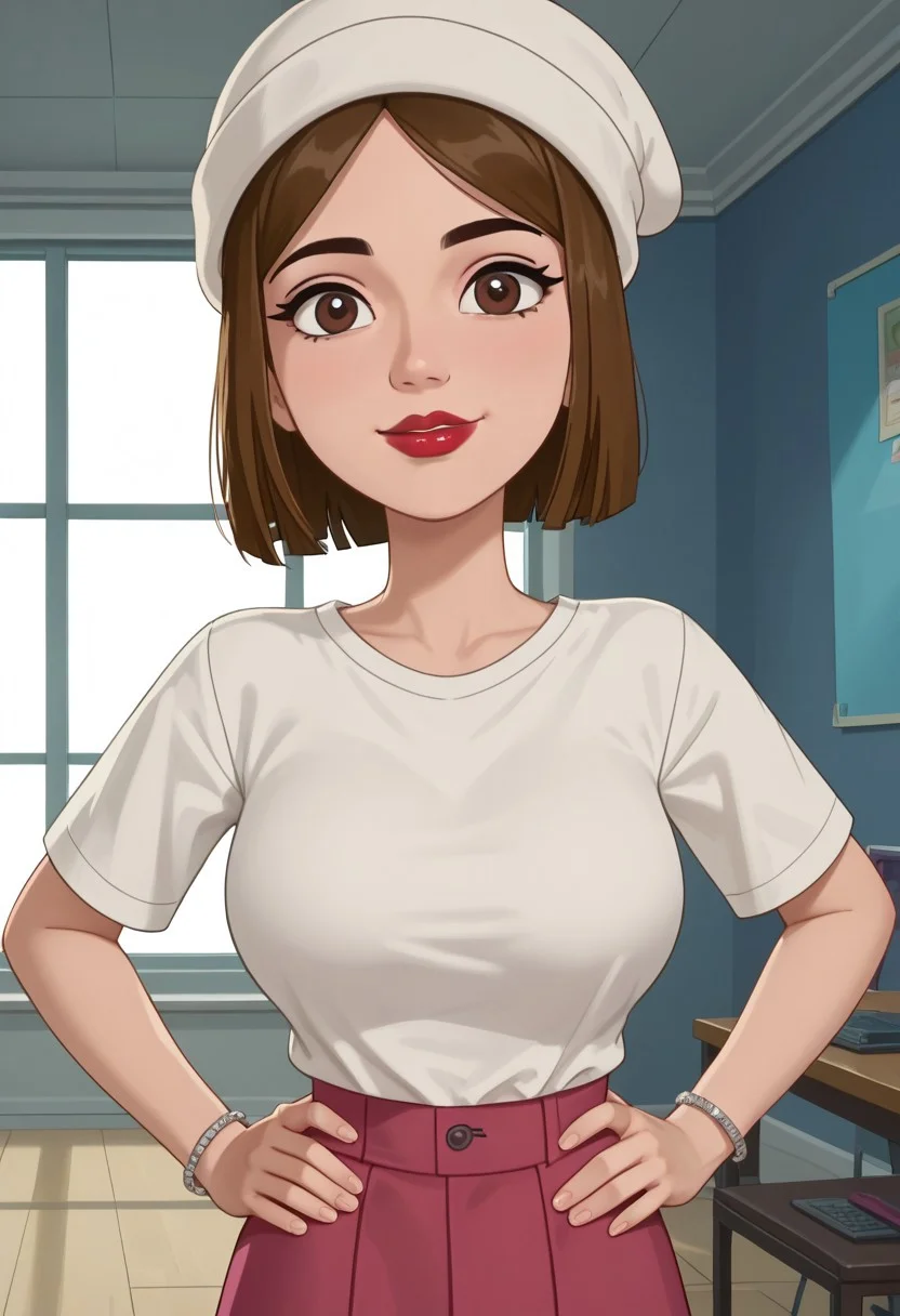 ((room background)),score_9, score_8_up, score_7_up,score_6_up,
1girl, solo, Lauren_HYG, light skin, dark brown eyes, brown hair, short hair, bob cut, red lips, white beanie hat, white V-neck shirt, high-waisted magenta skirt, gray socks, dark pink sneakers shoes, silver beaded bracelet, cute, tall stature, social smile, perfect eyes, perfect smile, looking at the viewer, detailed eyes, perfect eyes, standing, big breasts (front pose, bust shot) five fingers, perfect hands, (hands on hips)