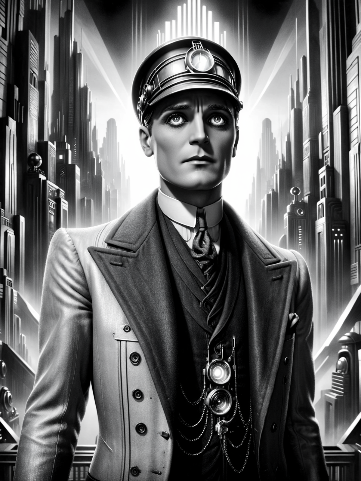 man, futuristic,1920s, black and white,<lora:Metropolis_Movie_Style_SDXL:1> mad-ropolis-movie, (masterpiece:1.2), best quality, (hyperdetailed, highest detailed:1.2), high resolution textures