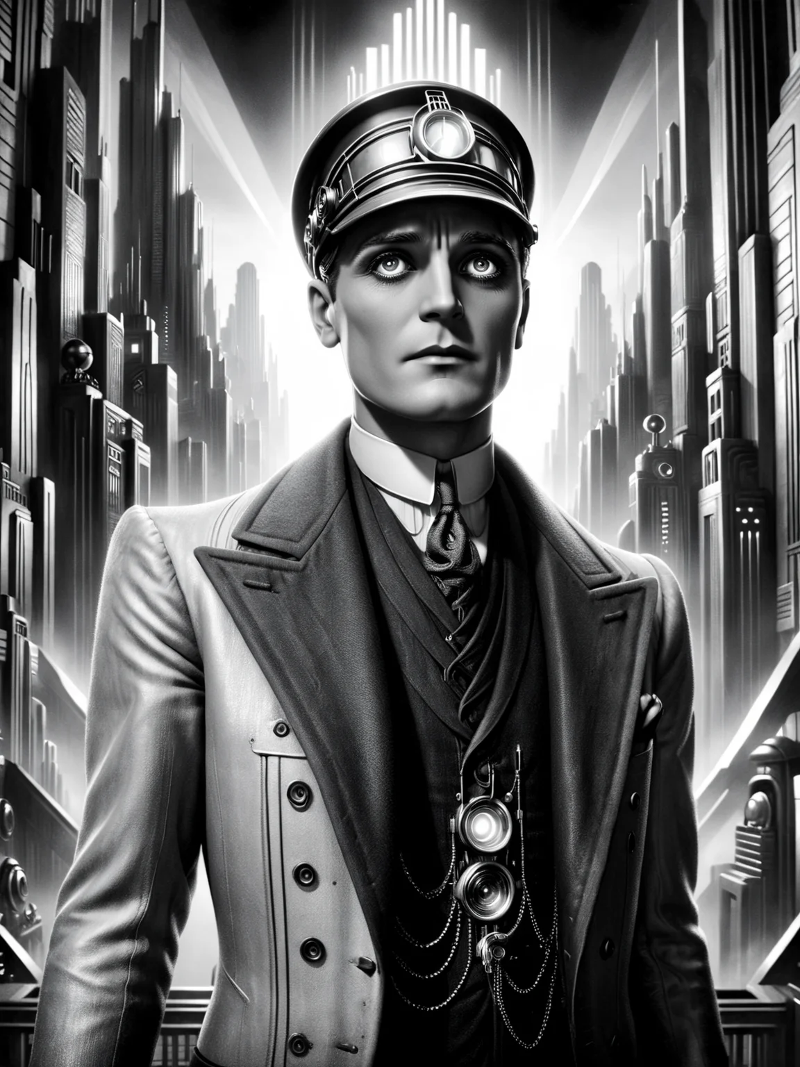 man, futuristic,1920s, black and white,<lora:Metropolis_Movie_Style_SDXL:1> mad-ropolis-movie, (masterpiece:1.2), best quality, (hyperdetailed, highest detailed:1.2), high resolution textures